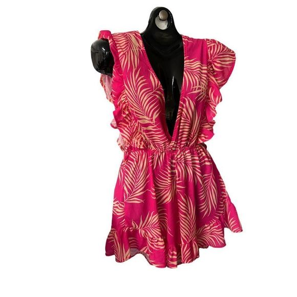 Women’s Pink Palm Leaf Print Deep V-Neck Flutter Sleeve Romper- Size Small - Picture 11 of 16